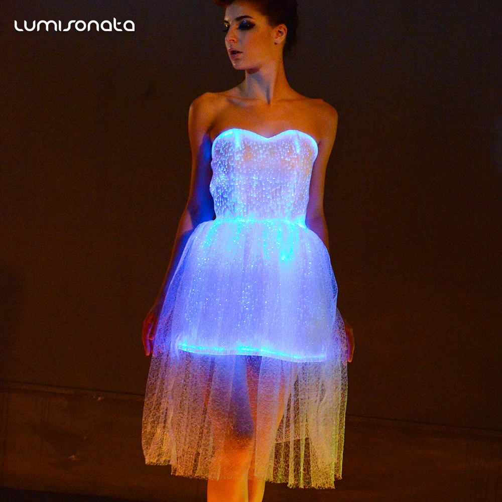 Fibre optic led lighting luminous patterns blue couture prom women dress