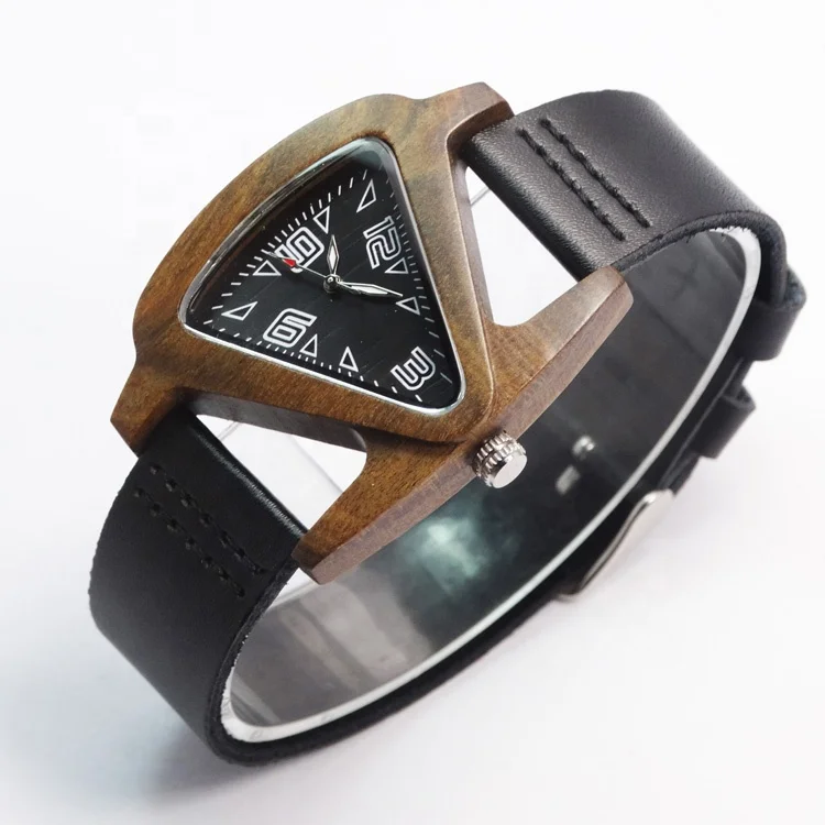 China wooden watch women luminous needles black triangle mens watches