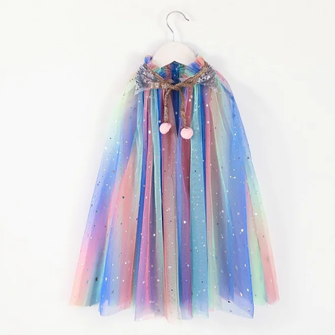 
KS0599 Glitter sequin design girls cloak party wear tulle girls cape with pom pom 