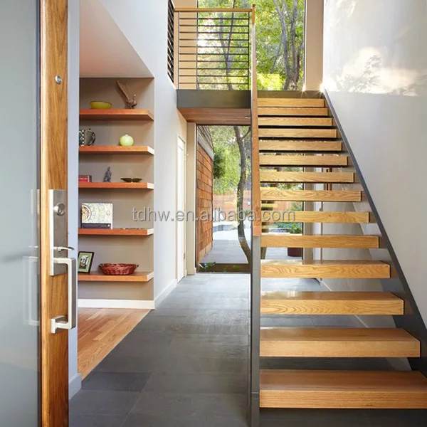 Indoor Double Stringer Wrought Iron Straight Stairs with oak steps