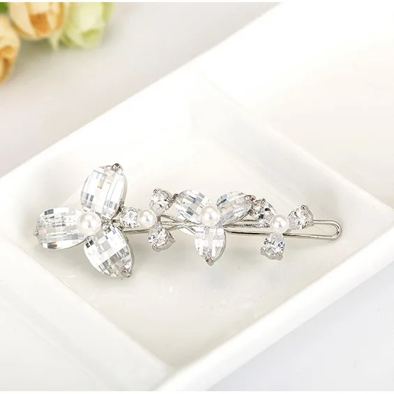 LUOTEEMI White Gold CZ Women Girl Bohemia Bridal Flower Orchid Hair Clip Hairpins Barrette Wedding Decoration Hair Accessories
