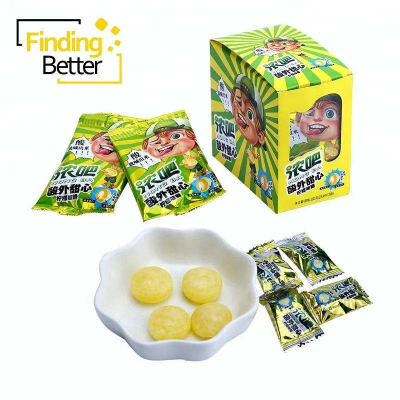 Halal Candy Sweets Super Sour Center Filled Hard Candy Lemon Flavor Hard Candy