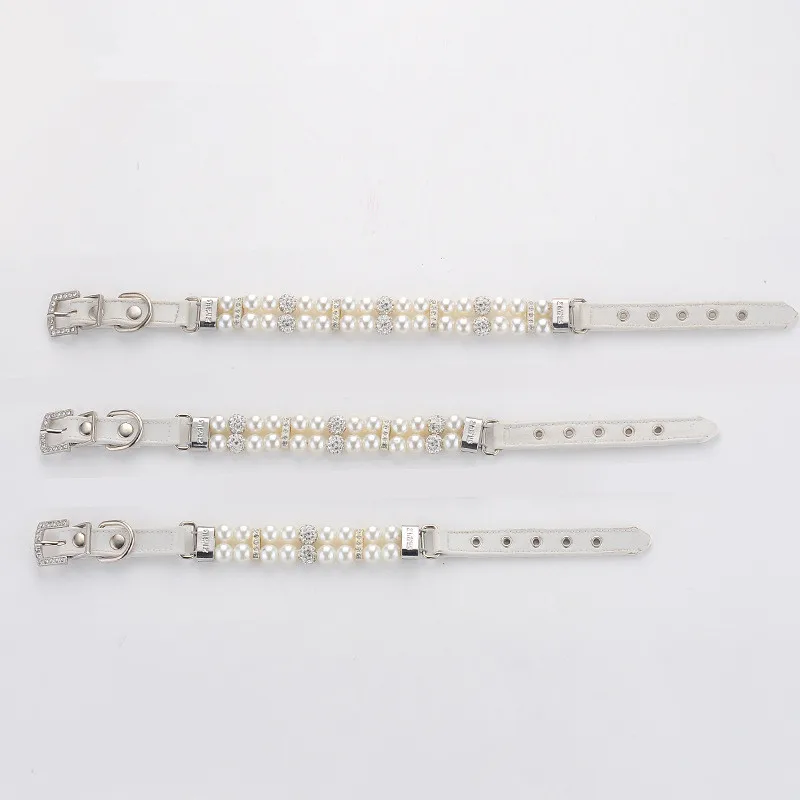 Hot Sale Pet Dog Cat Collars Bling Rhinestones Adjustable Leather Necklace Pearl Studded Collar for Teddy Dog Accessories
