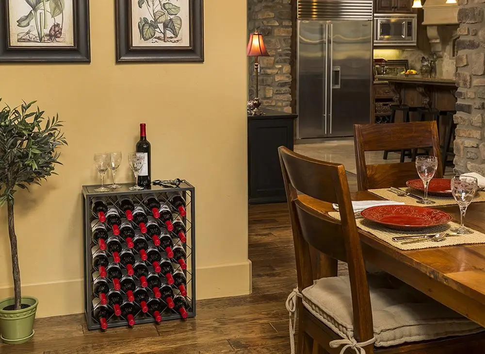 
Free Standing Red Wine Storage Display Rack Mango Steam 32 Bottle Wine Rack with Glass Table Top, Black Corner Display 