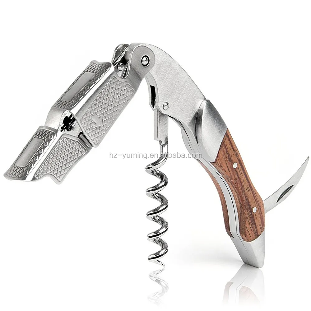 Amazon hot selling custom logo wooden handle wine corkscrew wine opener