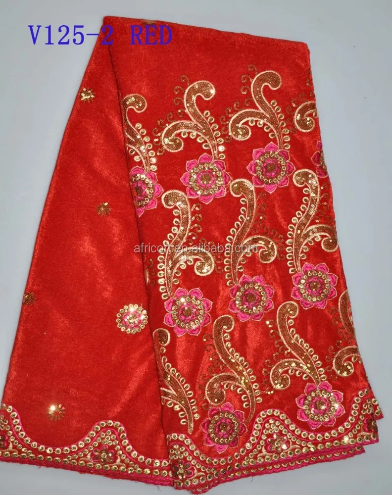 V125-2 red african beaded velvet george lace heavy velvet fabric embroidery design with sequin