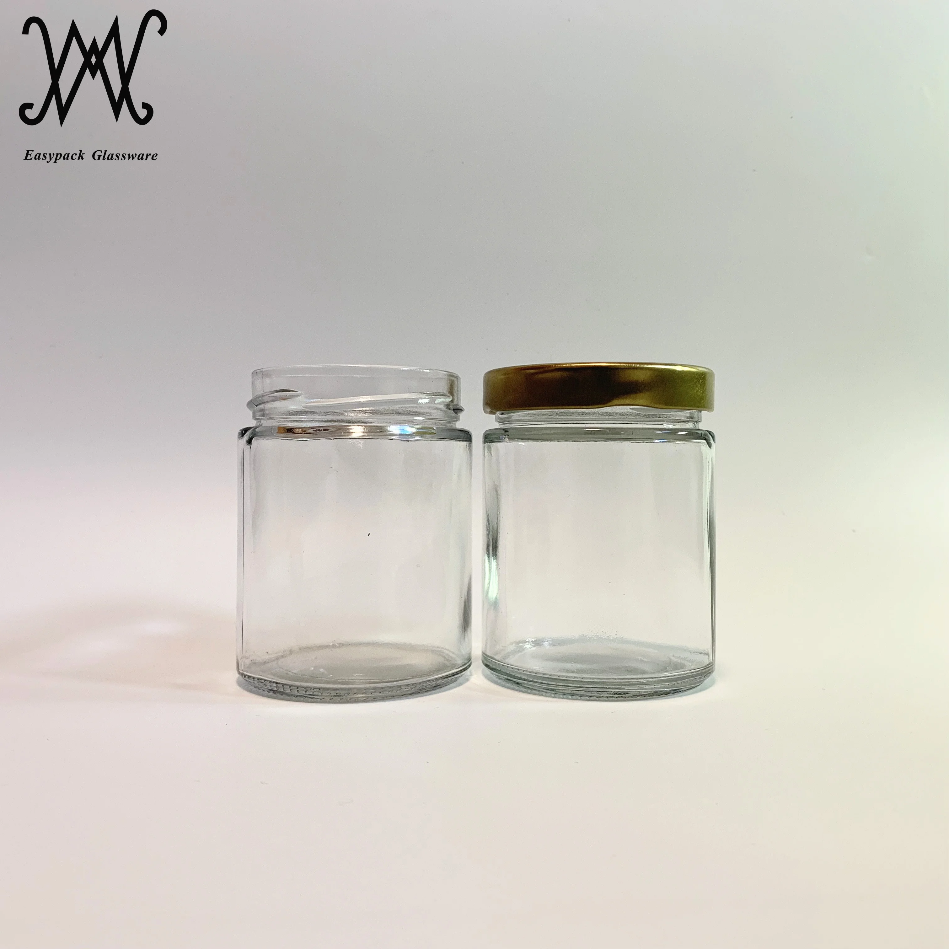 250ml straight sided round clear glass honey food jam jar with twist off lug gold metal lid