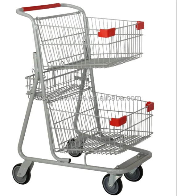
2 layer double basket supermaeket shopping trolley cart unfolding 