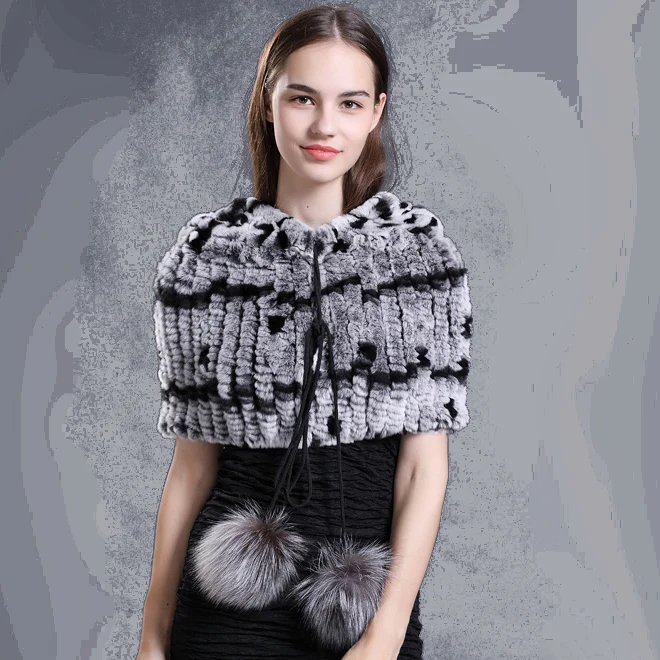 CX-B-125A Hot Selling Ladies Fashion Elegant Fur Poncho Rex Rabbit Fur Cape Shawl