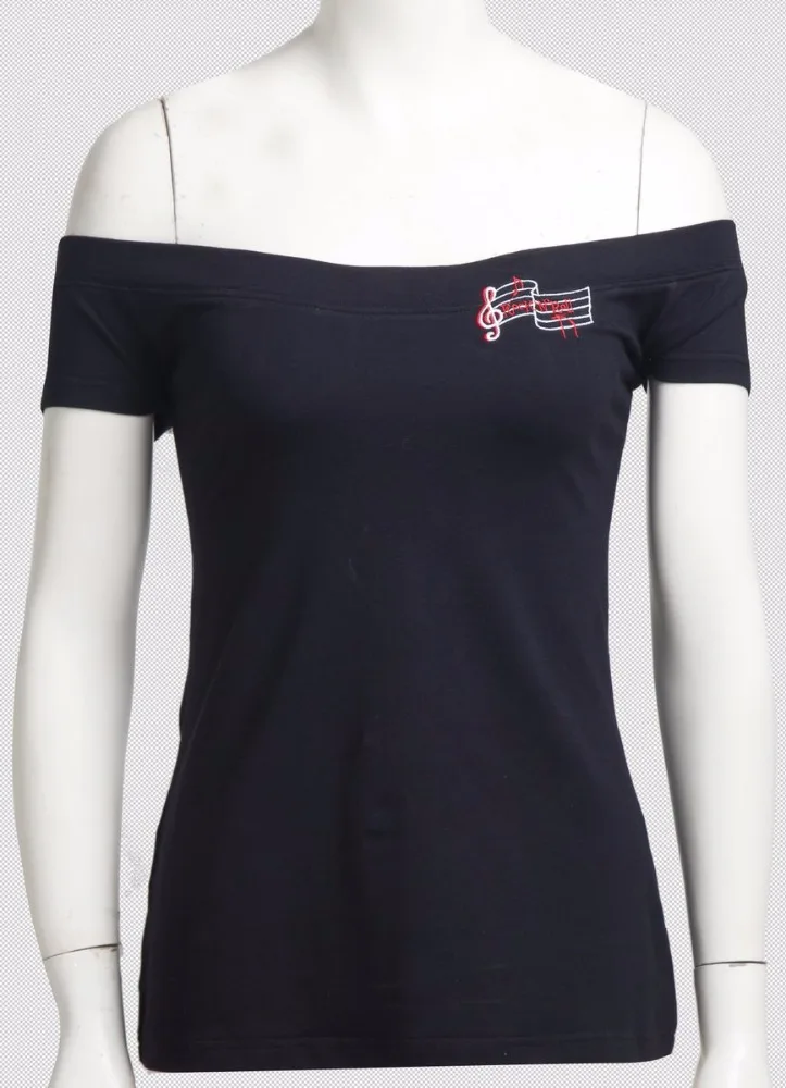 American Style Women Black Cotton Sexy Trendy Off Shoulder Modal T Shirts With Embroidery