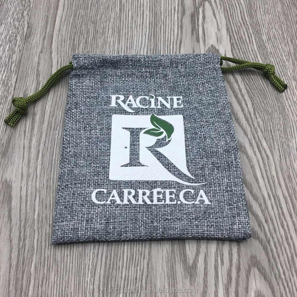 Custom Logo Printed Burlap Hessian Coffee Christmas Gift Drawstring Jute Gunny Pouch Grey Cotton String Jute Bag