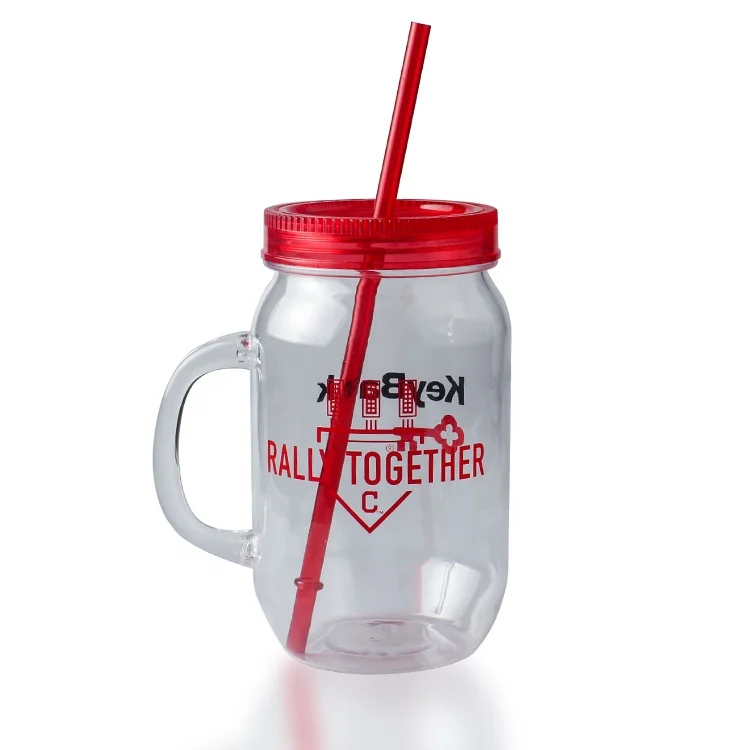 500 ml custom plastic drinking mason jar with handle and straw