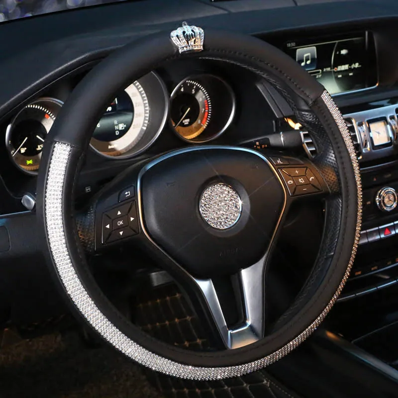 
Crystal Rhinestone Bling Steering Wheel Cover Leather with Diamond Crown For Girls Car Interior Accessories 