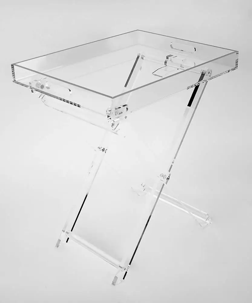 Acrylic Folding Tray Table Modern Chic Accent Desk - Kitchen and Bar Serving Table - Elegant Clear Design With Silver Rim