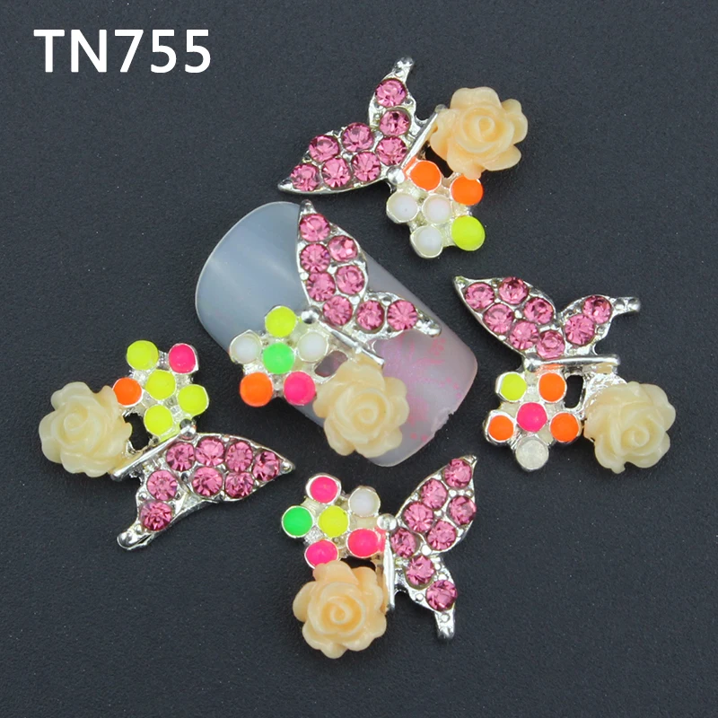 10pc Glitter Butterfly Rhinestones 3d Nail Art Decorations with Rose Alloy Nail Charms Jewelry for Nail