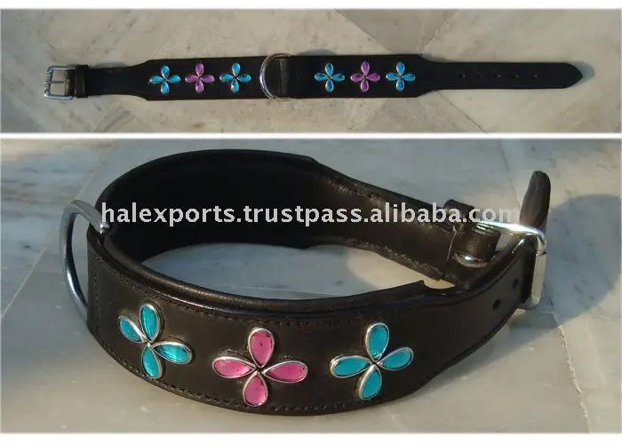 Dog Collar With Studs On High Quality Drum Dyed Indian Leather With Brass Buckles,Clips And Nylon Tread Pattern
