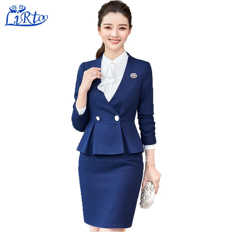 
Elegant ladies suits custom blue skirt airline stewardess uniform design 