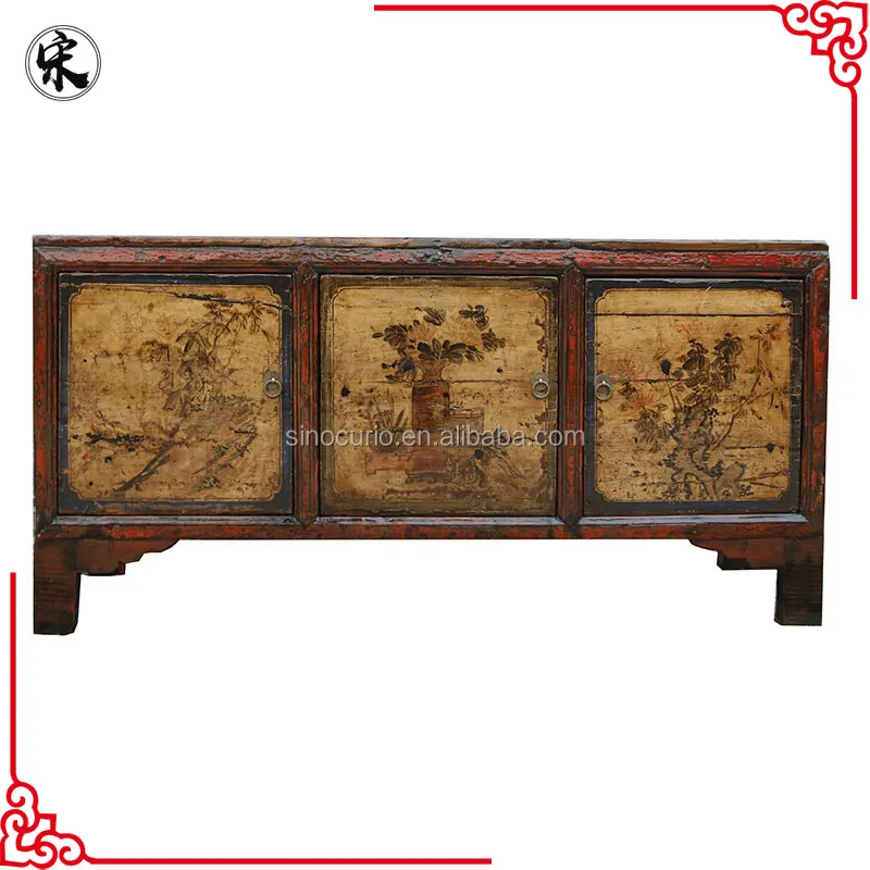 Antique Reproduction Painted High Glossy Sideboard Vintage Wooden Cupboard Chinese Style Cabinet Buffet