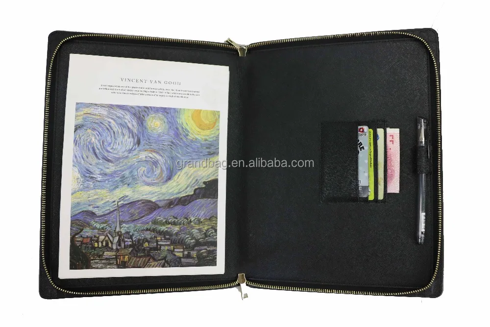 Luxury genuine saffiano leather A4 compendium Zip around smooth leather strap business portfolio