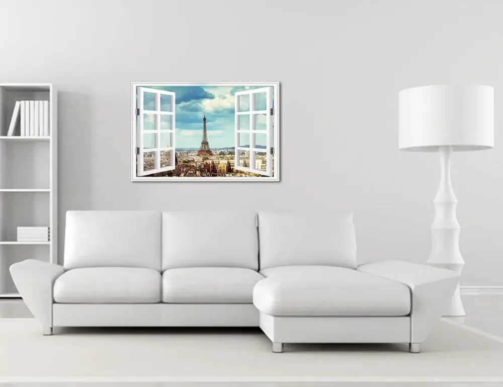Window Frame Style Artwork Paris Eiffel Tower Poster Art Print on Canvas Vintage Cityscape for Wall Decor