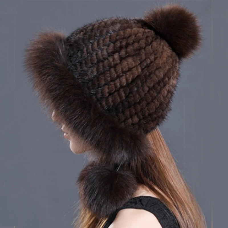 CX-C-60C Women New Design Luxury Fox Fur Trim Mink Fur Winter Fur Hat