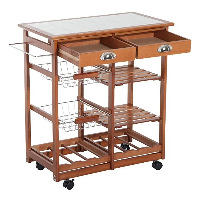 
Rolling Tile Top Wooden Kitchen Trolley Microwave Cart with 6 Bottle Wine Rack 