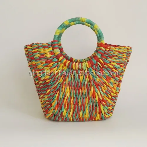 Handmade Paper Straw Bag Colorful Woven Bag With Round Handle