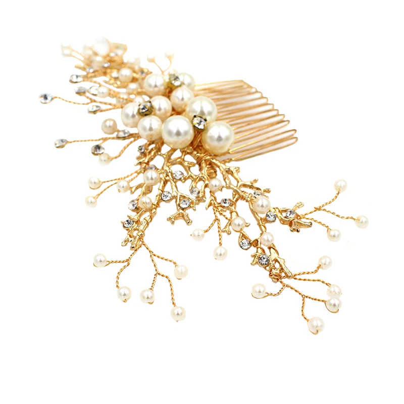 O384 Elegant Wedding Bridal Headpiece Alloy Pine Branch Pearl Crystal Bride to Be Hair Comb Women Pageant Hairwear Tiara