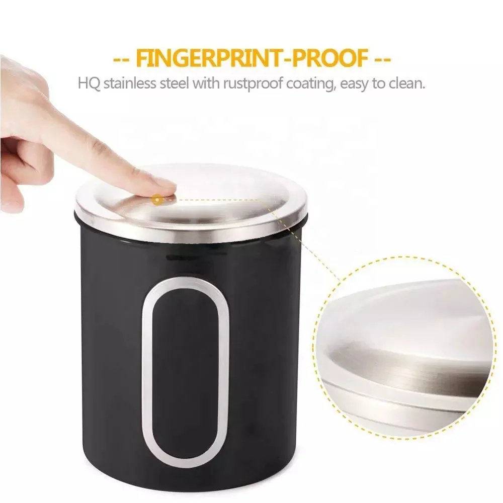 Wholesale metal food safe tea sugar coffee storage airtight kitchen stainless steel window canister set