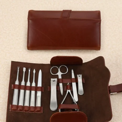 2020 high quality luxury leather multifunction  OEM 10 in 1 nail tools for gift gold color mens manicure_pedicure_set
