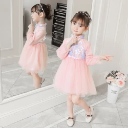 wholesale price Chinese style long sleeve pink flower girl vintage dresses