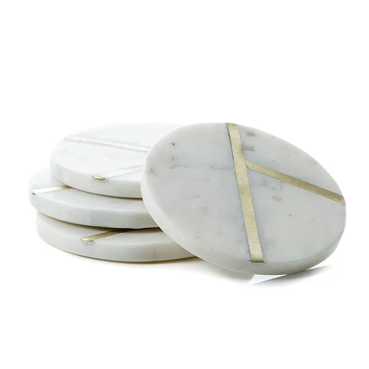 New Trending Functional Unique Round Marble Coaster With Brass Strip