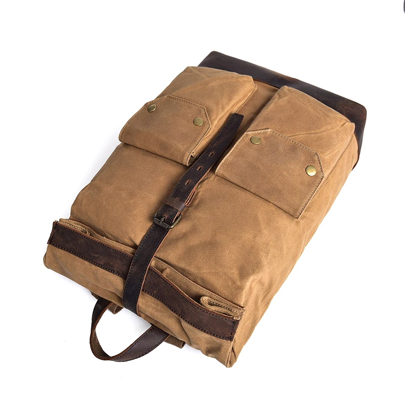 Vintage Men Student School Rucksack Laptop Bags wax Canvas Genuine Leather backpack