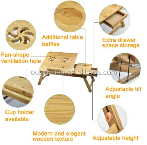 Bamboo Multi-Position Adjustable Serving Bed Tray with Drawer folding laptop table