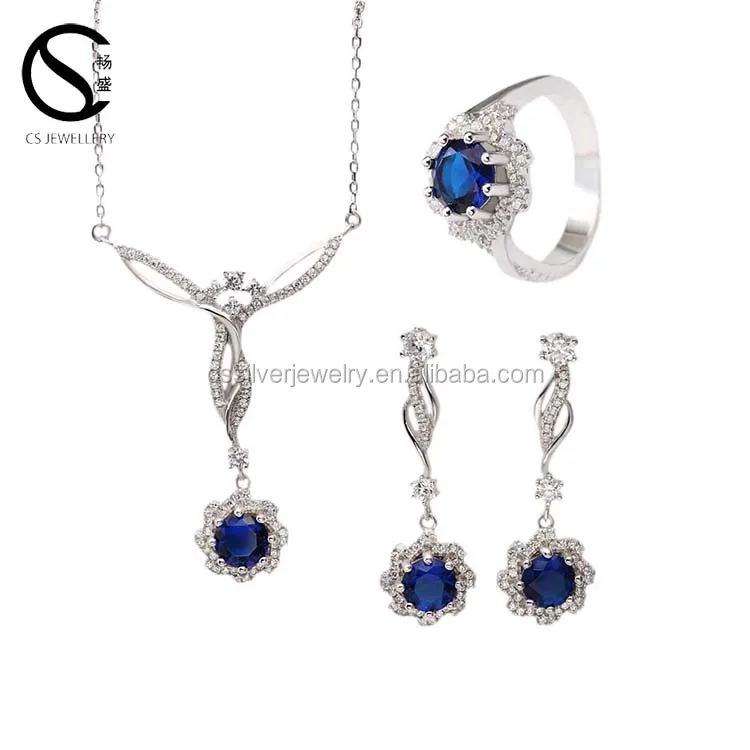 Hot Sale Fashion Sapphire Gemstone Rhodium Plating Silver Artificial Jewelry Set