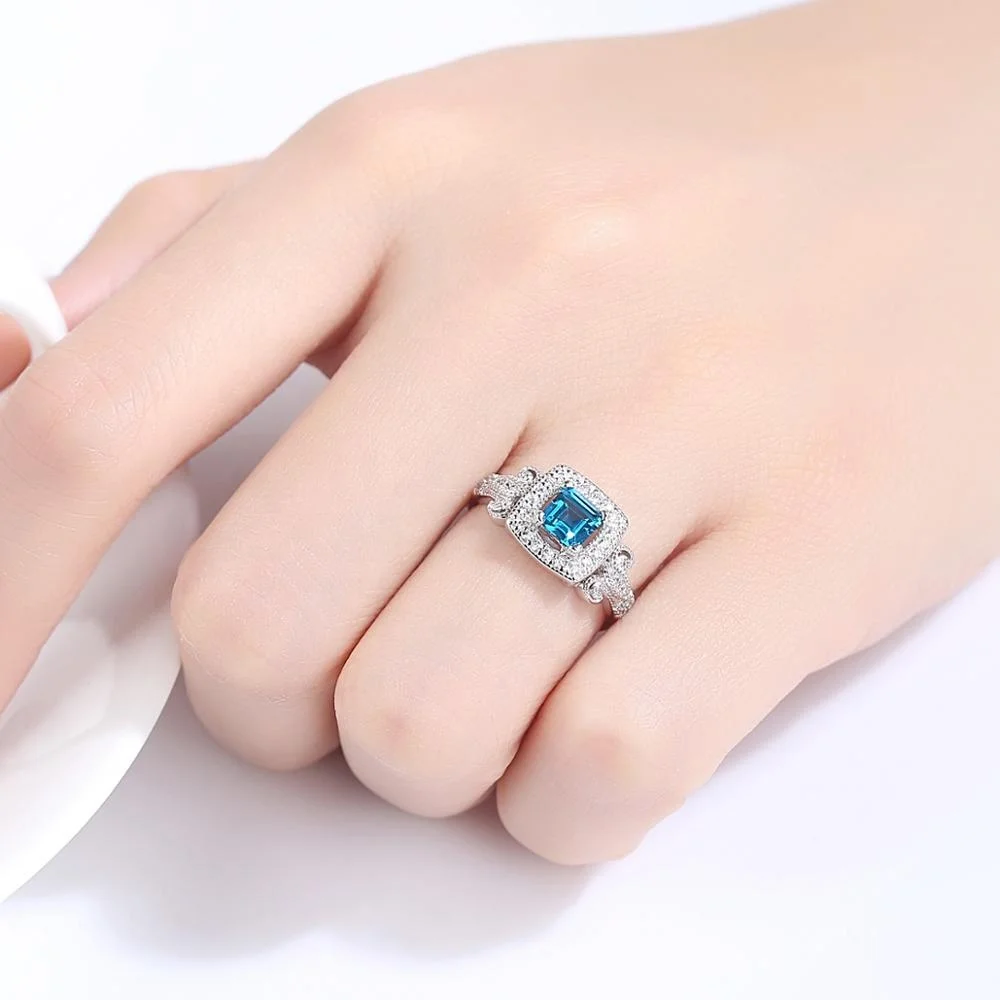 CZCITY Real 925 Sterling Silver Blue Color Topaz Stone Fashion Blue Engagement Ring White Gold Plated