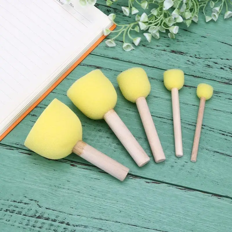 5Pcs/set Sponge Paint Brushes Toys Wooden Handle Seal Sponge Brushes Kids Children Drawing Painting Graffiti Brush School Supply