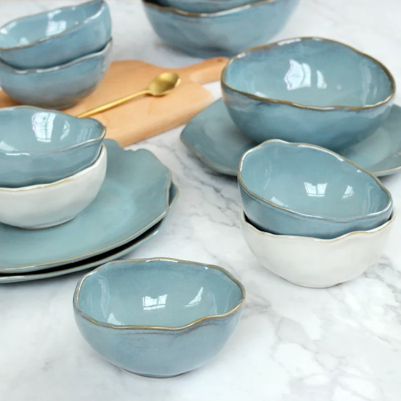 Irregular shape ceramic tableware set with elegant gloss blue reactive glaze for wholesale
