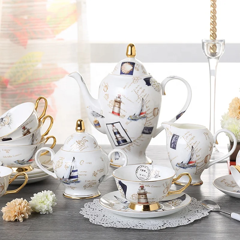 British ceramic 15pcs tea set porcelain elegant teapot milk pot sugar jar coffee cups