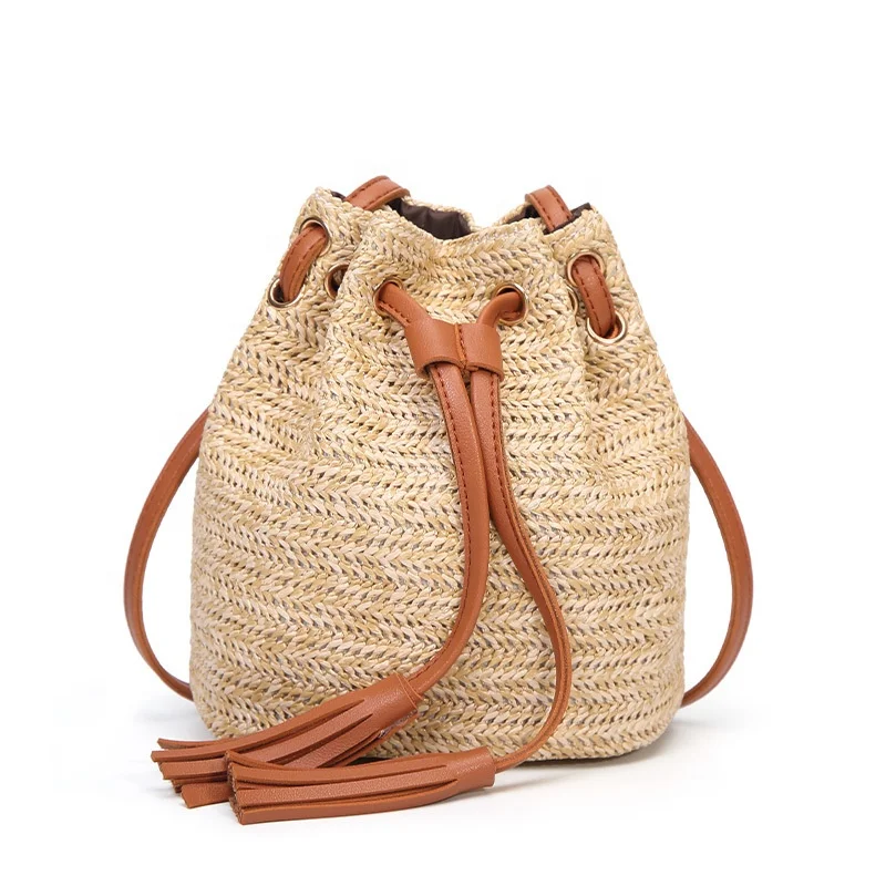 Girls crossbody shoulder bag summer beach bucket bags drawstring straw bag