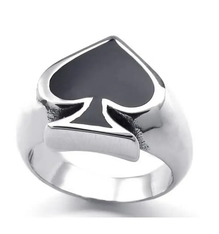 Mens Womens Stainless Steel Ring, Playing Card Poker Spade, Black Silver