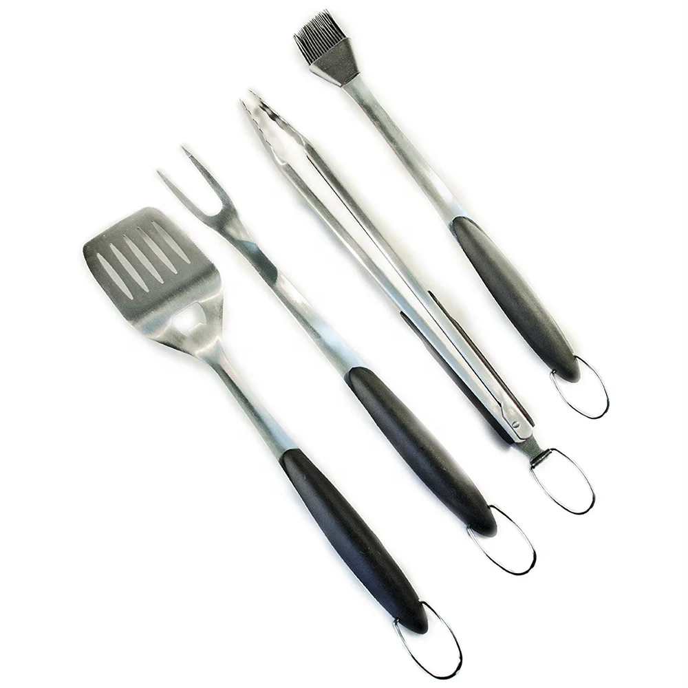 4PCS Heavy Duty BBQ Grilling Tools Set. Extra Thick Stainless Steel Spatula, Fork, Basting Brush & Tongs. Gift Box Package.