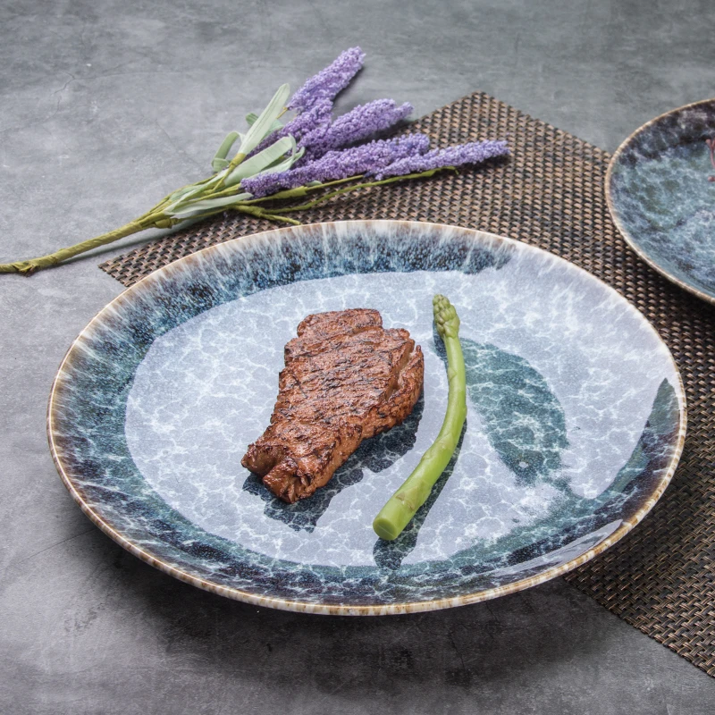 Завод Dehua в наличии, Круглый лоток для стейка, фарфоровые обеденные тарелки, керамические синие