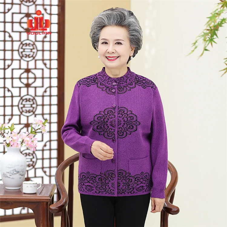 Eco Friendly Cashmere Woolen Knitted Women Woman Cardigan Old Ladies Sweater