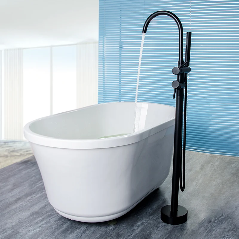 FLG Luxury Bath floor mounted style Black Floor Standing Bathroom Bathtub Faucet
