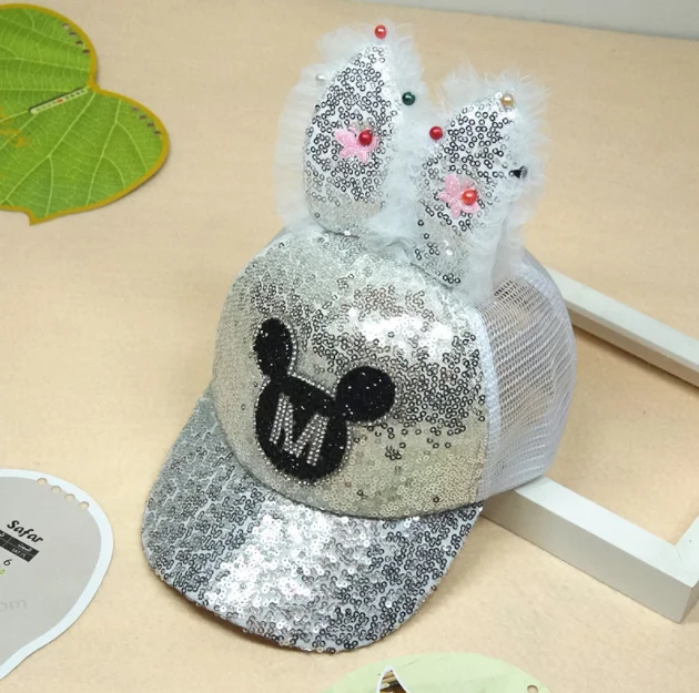 summer hot sell Sequined rabbit ears kids baseball caps