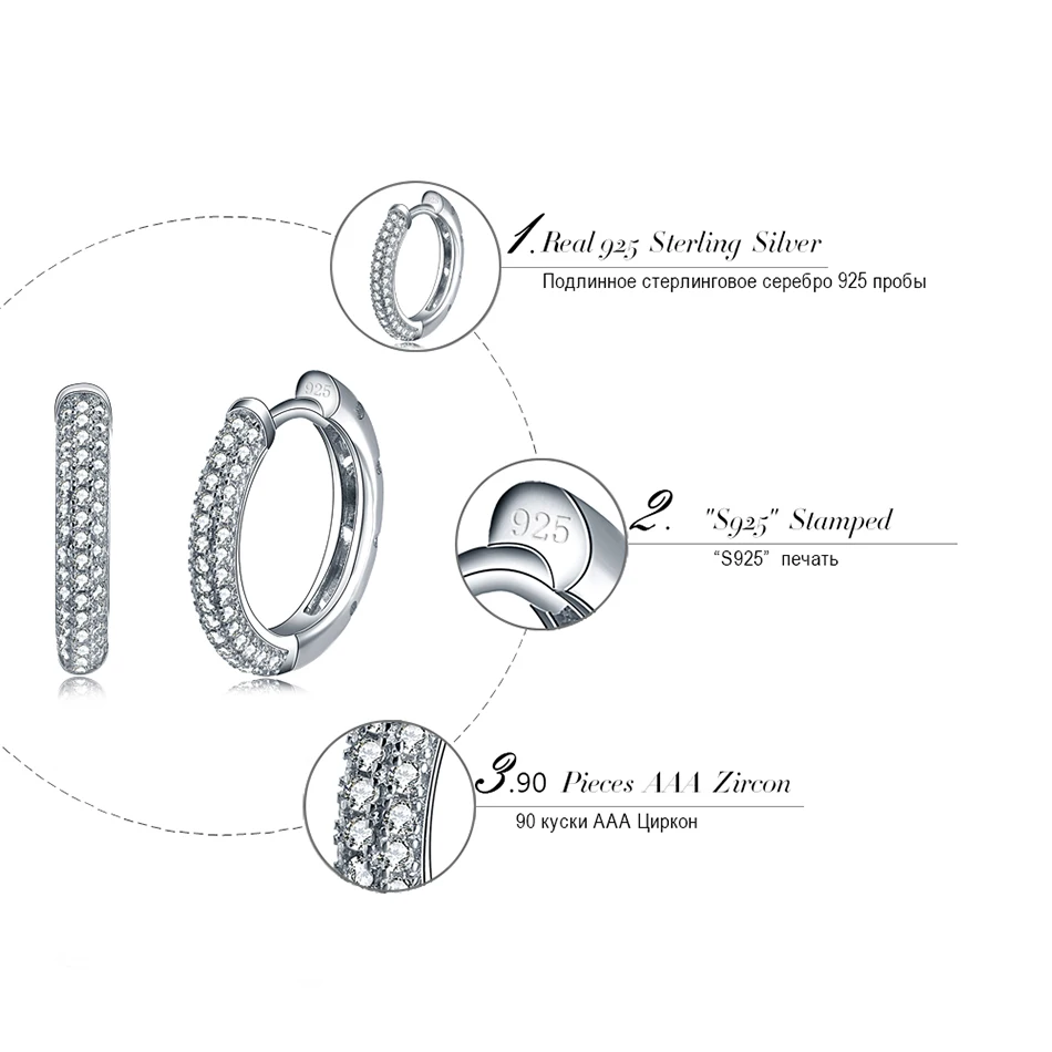 RINNTIN SE19 Online Fashion Jewellery Real 925 Silver Pave Setting Zircon Small Huggie Hoop Earrings for Women