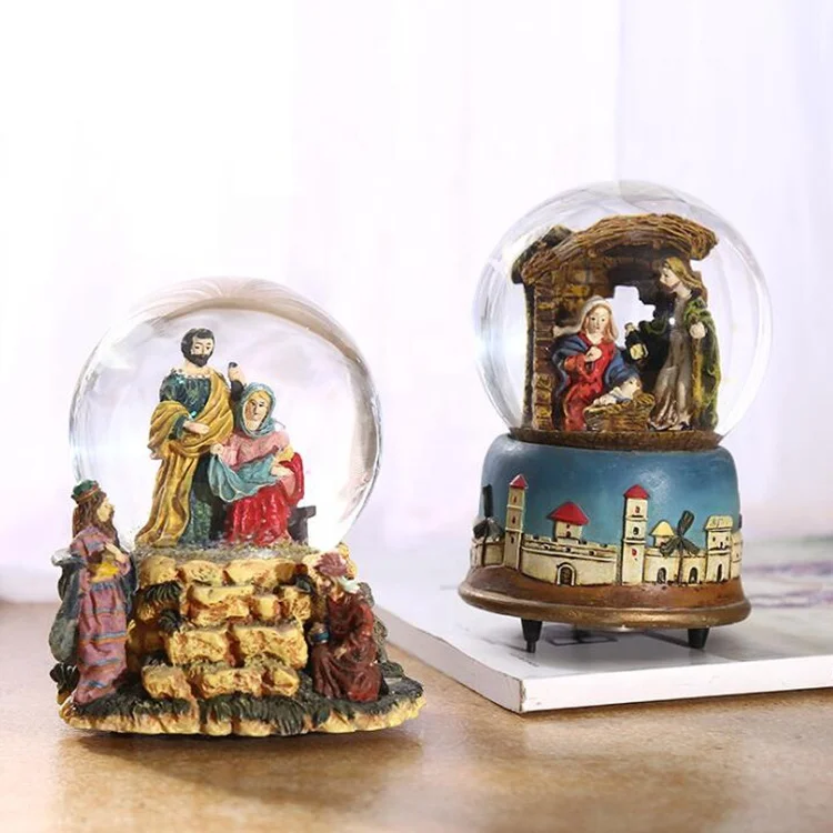 Custom wind up Music Box glass Dome Nativity Snow Globe with blowing snow