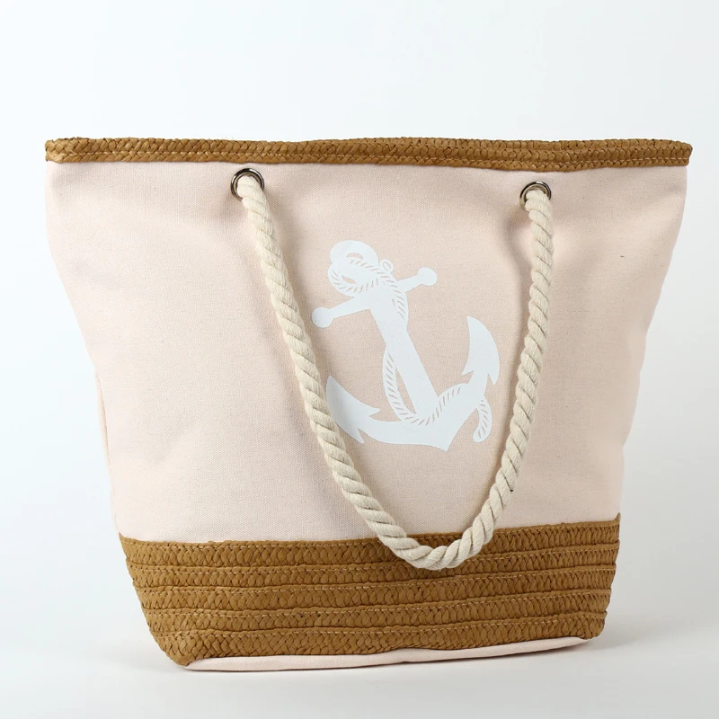 Women straw weaving summer tote beach bag women Newest pictures lady fashion handbag canvas tote bag with rope handle