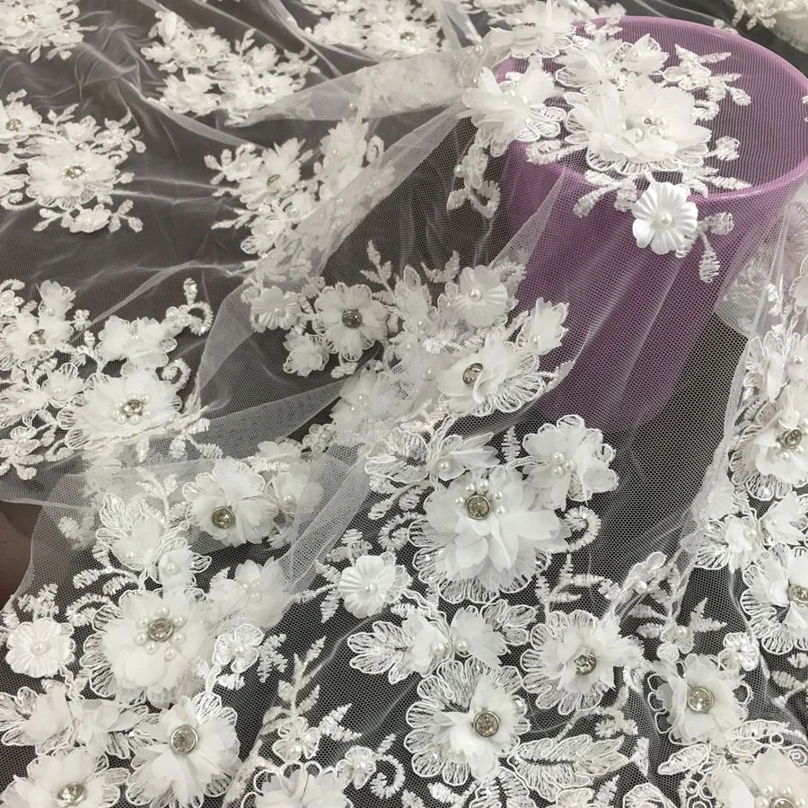 best selling bridal 3d lace flower applique sequin embroidery cord lace fabric with pearls stones for wedding dress